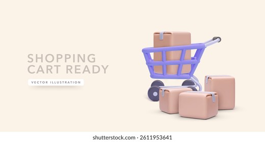 Shopping Cart With Delivery Boxes Representing Online Orders, Shipping, Or Retail Ecommerce Concepts. Modern 3D Design With Clean Pastel Colors. Perfect For Business Use. Vector Illustration.