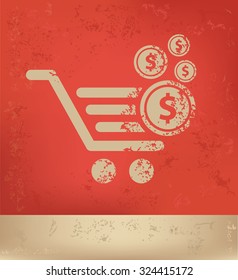Shopping cart design on red background, grunge vector