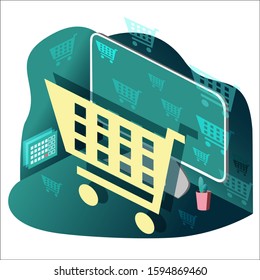 Shopping cart. Desktop computer on the table, calendar. Shopping on the Internet, in the online store. 