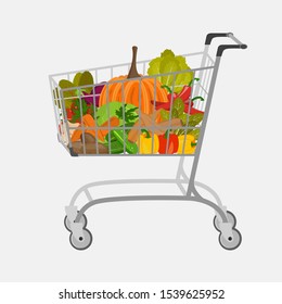 Shopping cart with different goods such as fruits and vegetables. Vegan concept. Vector illustration