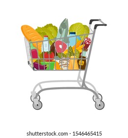 Carrito de compras con diferentes productos como frutas y verduras, carnes y pescados, leche y pan. Ilustración vectorial