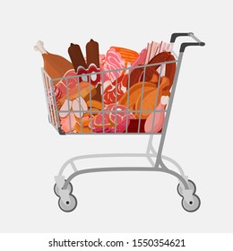 Shopping cart with different meat such as roast chicken and prime rib, sausage, salami and ham, sirlon, bacon, sucuk and smoked meat, turkey and t-bone steak. Vector illustration.