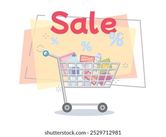 Shopping cart with different products from supermarket vector illustration. Sale lettering, percent signs on abstract background. Shopping, sale, consumerism concept for banner, poster or web design