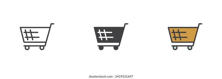 Shopping cart different style icon set. Line, glyph and filled outline colorful version, outline and filled vector sign. Symbol, logo illustration. Vector graphics
