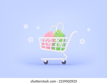 Shopping cart with discount coupon on it. Discount coupon of cash for future use. Sales with an excellent offer for shopping. Special offer promotion. 3D Web Vector Illustrations.