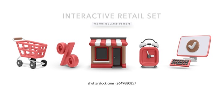 Shopping Cart, Discount Sign, Storefront, Alarm Clock, and Computer Monitor With Checkmark Rendered in 3D Cartoon Style for Ecommerce and Retail Concepts. Vector Illustration.