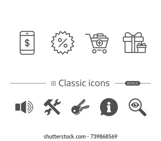 Shopping cart, Discount and Smartphone line icons. Gift boxes sign. Information speech bubble sign. And more signs. Editable stroke. Vector