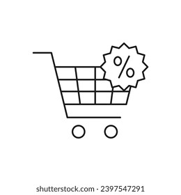 Shopping cart with discount sticker icon line style isolated on white background. Vector illustration
