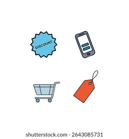 A shopping cart discount tag and mobile phone are featured isolated on a white background, representing online retail and e-commerce concepts.