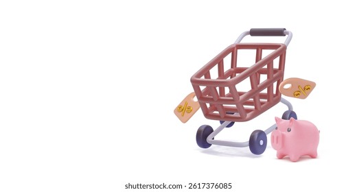 Shopping Cart With Discount Tags And Piggy Bank In 3D Cartoon Style. Perfect For Budgeting, Savings, And Online Store Concepts. Vector Illustration.