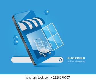 A shopping cart display in front of the opening door of a smartphone store. and all floating on the search icon,vector 3d  isolated on blue background for online shopping christmas concept design