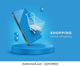 Shopping cart display on smartphone screen and all on circular podium and there are balloons floating in the air around,vector 3d on blue background for delivery and online shopping winter concept