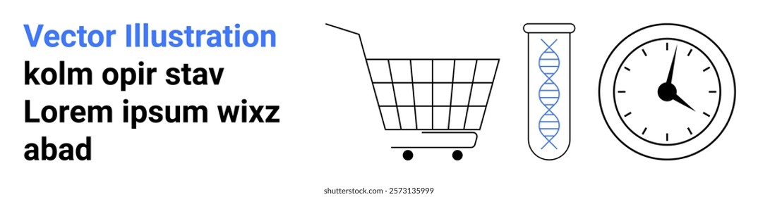 Shopping cart, DNA helix in a test tube and stopwatch representing themes such as innovation, e-commerce, biotechnology, science and time management. Ideal for modern marketing, health-tech