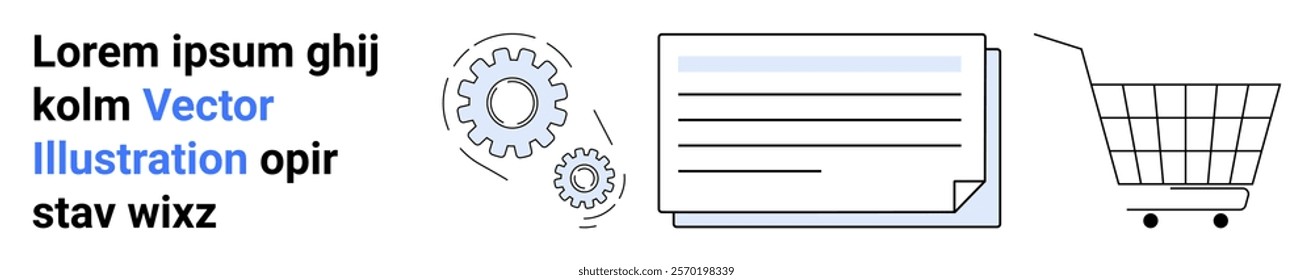 Shopping cart, document, and gears represent e-commerce, business management, and system integration. Ideal for business, shopping, online platforms, automation, and technology themes. Banner