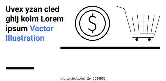 Shopping cart and dollar coin icons with placeholder text and clean design elements. Ideal for e-commerce, online retail, digital marketing, financial services, web design, business presentations