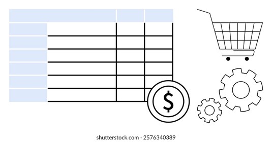 A shopping cart, dollar sign, and gears align with a spreadsheet. Ideal for e-commerce, financial management, budgeting, data analysis, and business processes. Colourful vector art, minimalistic