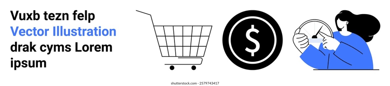 A shopping cart, dollar sign, and person holding currency represent business, finance, and commerce. Ideal for marketing, e-commerce, economy, digital sales, business strategy. Banner for landing