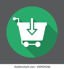 Shopping cart with down arrow flat icon. Round colorful button, Buy circular vector sign with long shadow effect. Flat style design