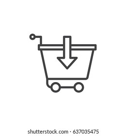 Shopping cart with down arrow line icon, outline vector sign, linear style pictogram isolated on white. Buy symbol, logo illustration. Editable stroke. Pixel perfect
