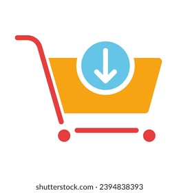 Shopping cart with down arrow. Online purchase, add to cart, order, courier home delivery, online store, shop, buyer, customer, website. Colorful icon on white background