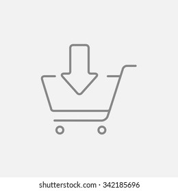 Shopping cart with down directed arrow line icon for web, mobile and infographics. Vector dark grey icon isolated on light grey background.