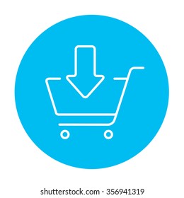 Shopping cart with down directed arrow line icon for web, mobile and infographics. Vector white icon on the light blue circle isolated on white background.
