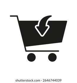 Shopping Cart With Download Arrow Solid Icon. E-Commerce And Online Purchase Integration Silhouette Symbol. Digital Shopping And Downloadable Content. Isolated Vector Illustration.