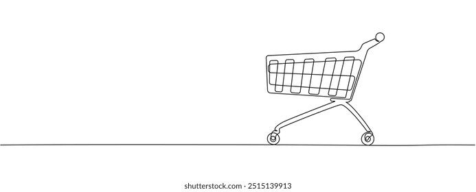 Shopping cart, drawing with one continuous line.  Symbol of internet shopping, supermarkets .  Shopping trolley shopping cart business concept. Vector editable illustration
