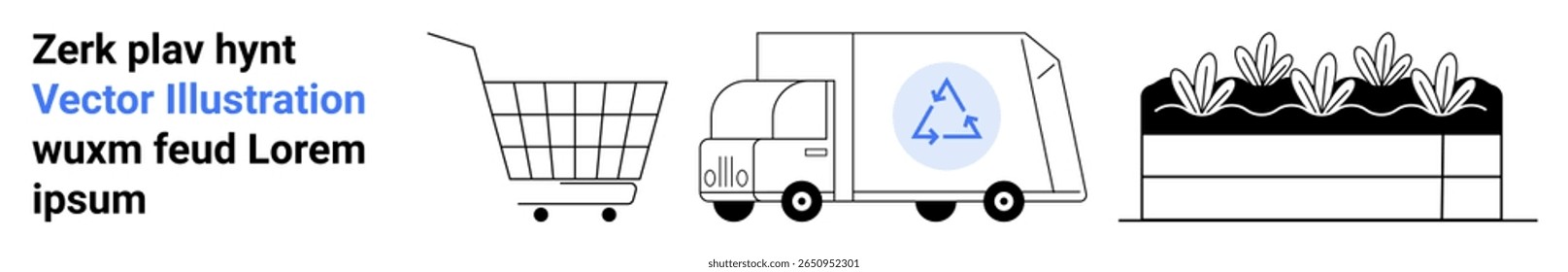Shopping cart, eco-friendly delivery truck with recycling symbol, urban garden. Ideal for sustainability, green living, urban planning, e-commerce, logistics, environment, transportation. Banner