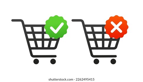 Juego de iconos de vectores de comercio electrónico de carrito de compras para diseño web. Cesta con garrapata y cruz. Botón para banners web, sitios. Ilustración del vector