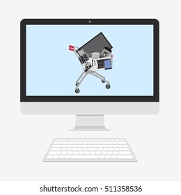 Shopping cart with electronic devices on PC screen. Cyber Monday and black Friday. Flat vector illustration
