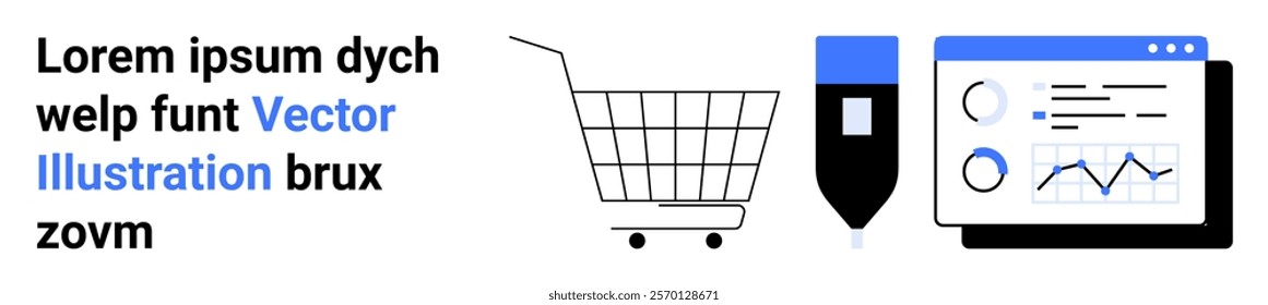 Shopping cart with electronic payment device and analytics chart. Ideal for e-commerce, online shopping, digital payment systems, data analytics, retail. Banner for landing page