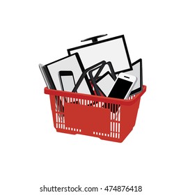 Shopping cart with electronics, flat style vector illustration