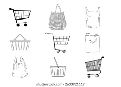 Shopping cart empty trolley doodle, supermarket basket, bag, net shopper simple line. Craft bag, trade icon set, sketch grocery shopping.