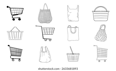 Carrinho de compras vazio trolley doodle, cesta de supermercado, saco, net shopper linha simples. Bolsa artesanal, ícone comercial, esboço supermercado compras.