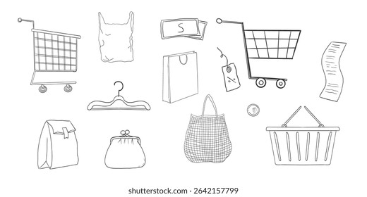 Shopping cart empty trolley doodle, supermarket basket, bag, net shopper simple line. Craft bag, trade icon set, sketch grocery shopping.