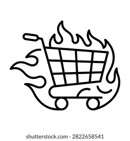 Shopping cart engulfed in flames vector illustration with shopping discount consumerism commerce