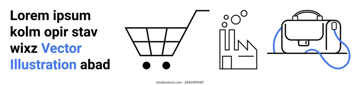 Carrinho de compras, fábrica com bolhas, pasta com alça. Ideal para comércio eletrônico, fabricação, logística, aplicativos de produtividade, apresentações comerciais, visuais de marketing, página inicial de fluxo de trabalho