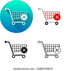 Shopping Cart Fail Deny Incomplete Finance Icon, Set of Flat Long Shadow, Black-White Silhouette, Line Art Logo Icon Symbol Isolated on White Background