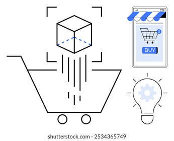 Un Carrito de compras con una caja que cae, un teléfono móvil con un ícono de Carrito de compras y un Botón azul de compra, y una bombilla con un engranaje dentro. Ideal para compras en línea, comercio móvil, innovación