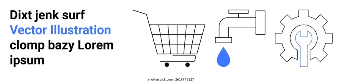 Shopping cart, faucet dripping water, and gear with wrench indicate commerce, resource management, and technical services. Ideal for resource allocation, service management, shopping platforms, DIY