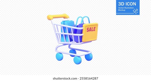 A shopping cart filled with blue bags is prominently featured, showcasing a bright yellow sale sign. The playful design appeals to shoppers looking for deals.