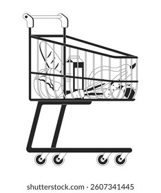 Shopping cart filled with groceries 2D line object. Consumer spending. Food cost. Bread, milk, vegetables. Supermarket trolley isolated clipart vector ink outline item. Monochrome spot illustration