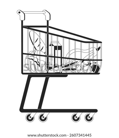 Shopping cart filled with groceries 2D line object. Consumer spending. Food cost. Bread, milk, vegetables. Supermarket trolley isolated clipart vector ink outline item. Monochrome spot illustration