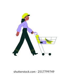 Carrito de compras lleno de comestibles empujado por una mujer, que simboliza las compras de comestibles y el consumismo. Ilustración vectorial plana, aislada sobre fondo blanco.