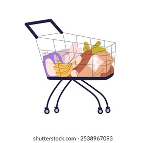 Shopping cart filled with groceries. Full supermarket trolley with fresh produce, food products, packagings. Hypermarket purchases in pushcart. Flat vector illustration isolated on white background