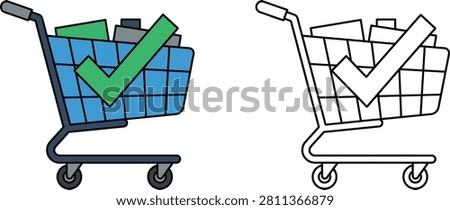A shopping cart filled with items and a checkmark symbolizing a completed purchase or successful transaction