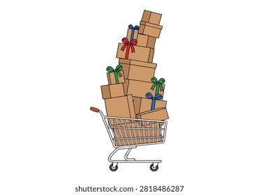 A shopping cart filled with a large stack of wrapped cardboard gift boxes with colorful ribbons isolated on a white background.
