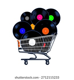 Un Carrito de compras lleno de múltiples y vibrantes discos de vinilo, cada uno con un sello distintivo y colorido Esta Ilustración vectorial captura una mezcla de cultura musical retro y consumismo contra una w limpia
