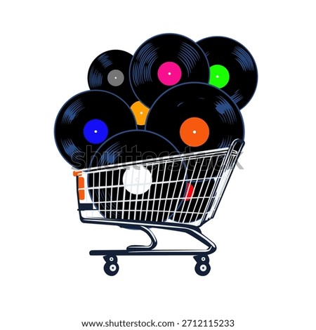 A shopping cart filled with multiple vibrant vinyl records each featuring a distinct colorful label This vector illustration captures a blend of music retro culture and consumerism against a clean w